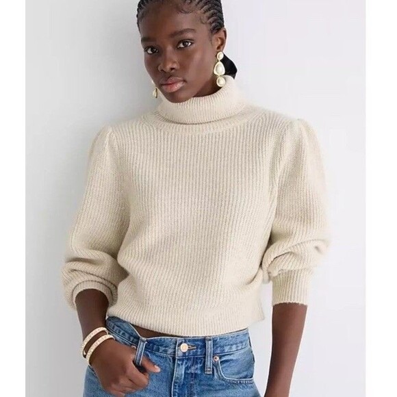 J. CREW Cropped Puff-Sleeve Turtleneck Sweater Ivory Cream Small 210 - Picture 1 of 7
